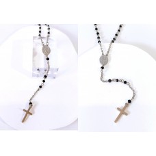 Ατσάλινο κολιέ με σταυρό στο τελείωμα και οβάλ στοιχείο (2 όψεων) και αλυσίδα με μαύρες και ασημί χάντρες STN18 